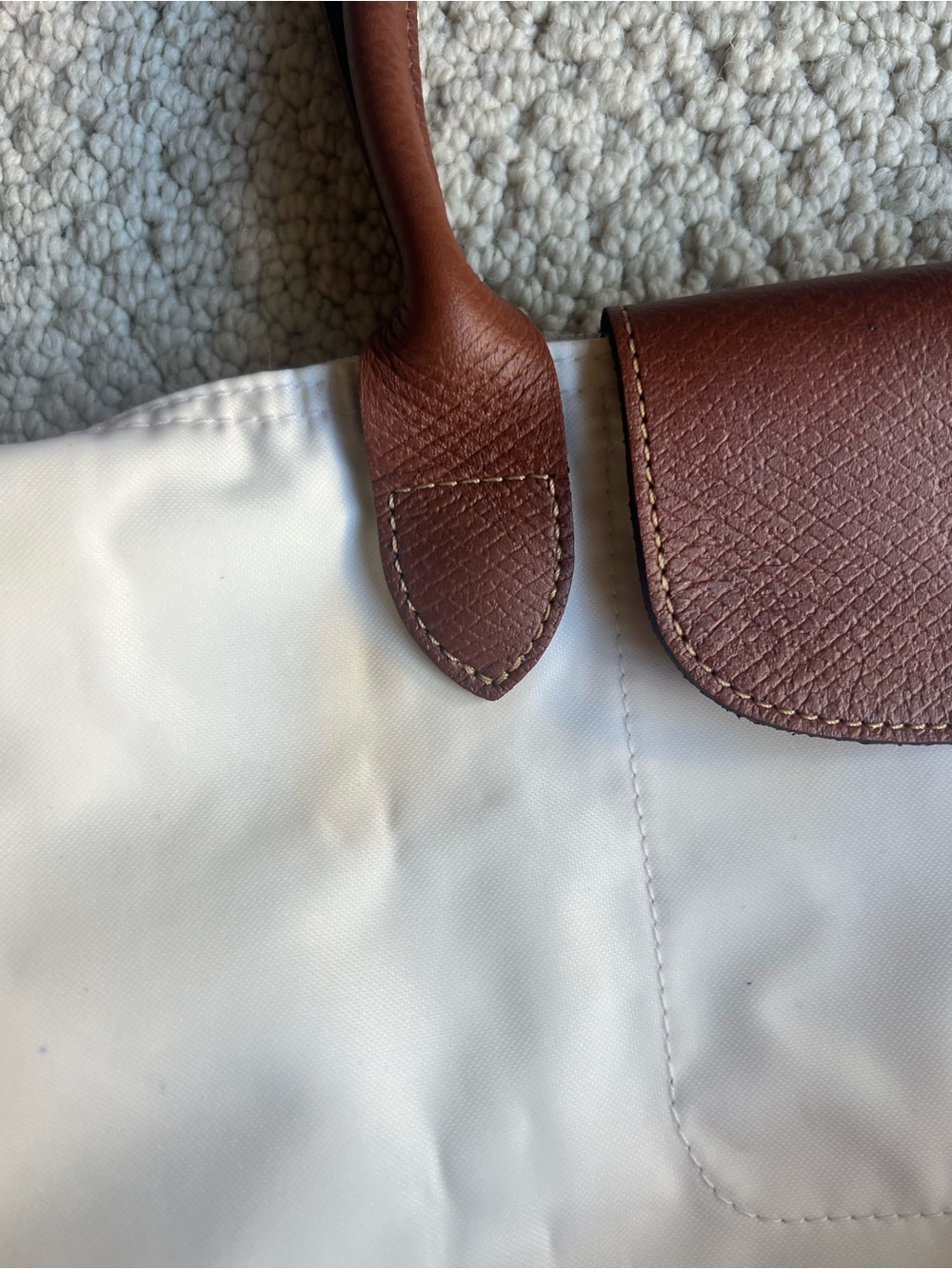 Longchamp Small White/ Cream Le Pliage Tote with Brown Leather Trim - Picture 6 of 9